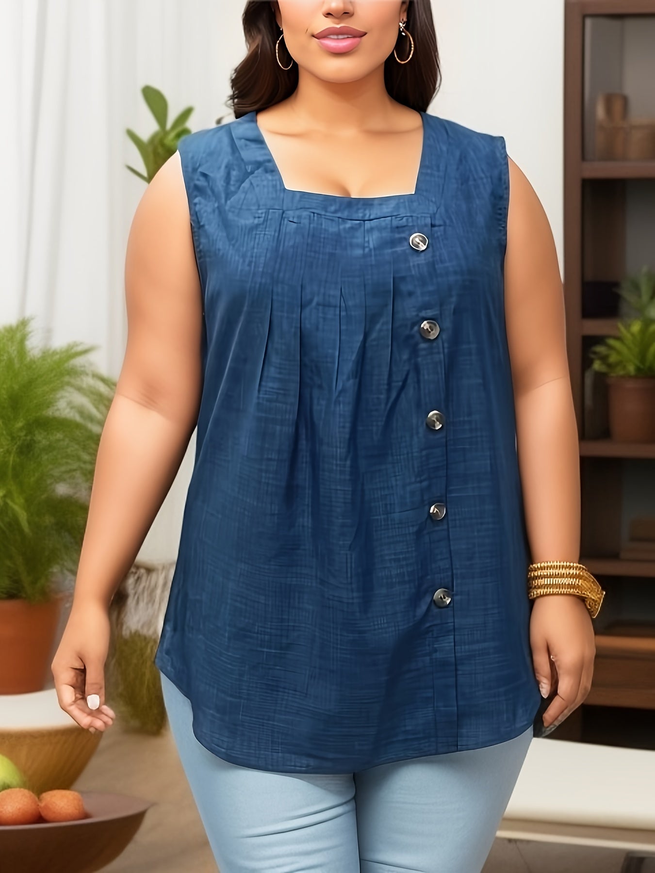  Solid Button Detail Square Neck Tunic Tank Top