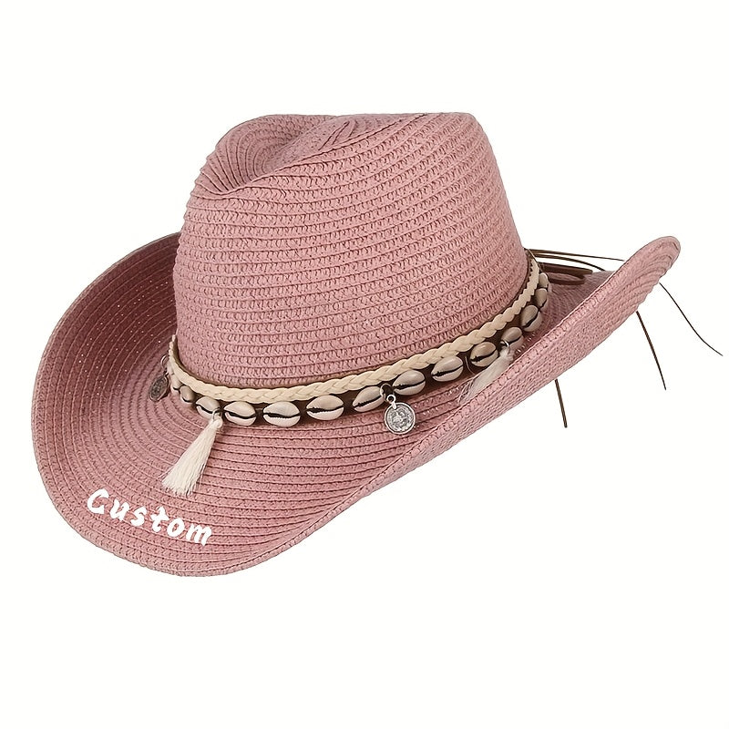 Men's Embroidered Straw Sun Hat with Braided Band - Light Pink