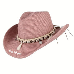 Men's Embroidered Straw Sun Hat with Braided Band - Light Pink