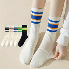 10 Pairs Striped Crew Socks Women's Stockings