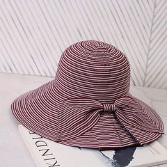Pinstripe Wide Brim Bow Hat for Spring & Summer
