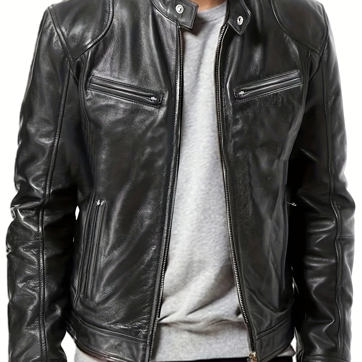 PU Biker Jacket Men's Casual Pockets Zip Up Stand Collar Faux Leather Jacket