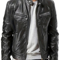PU Biker Jacket Men's Casual Pockets Zip Up Stand Collar Faux Leather Jacket