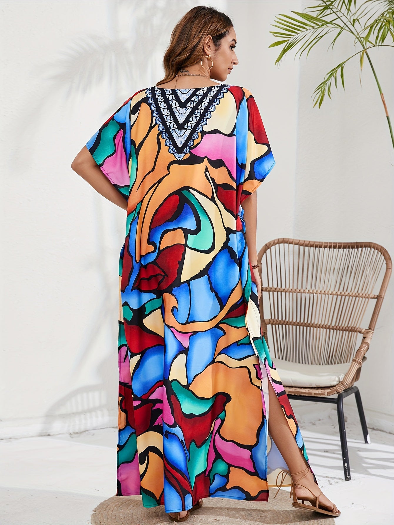  Abstract Face Print Cover Up Batwing Sleeve V Neck Beach Dress