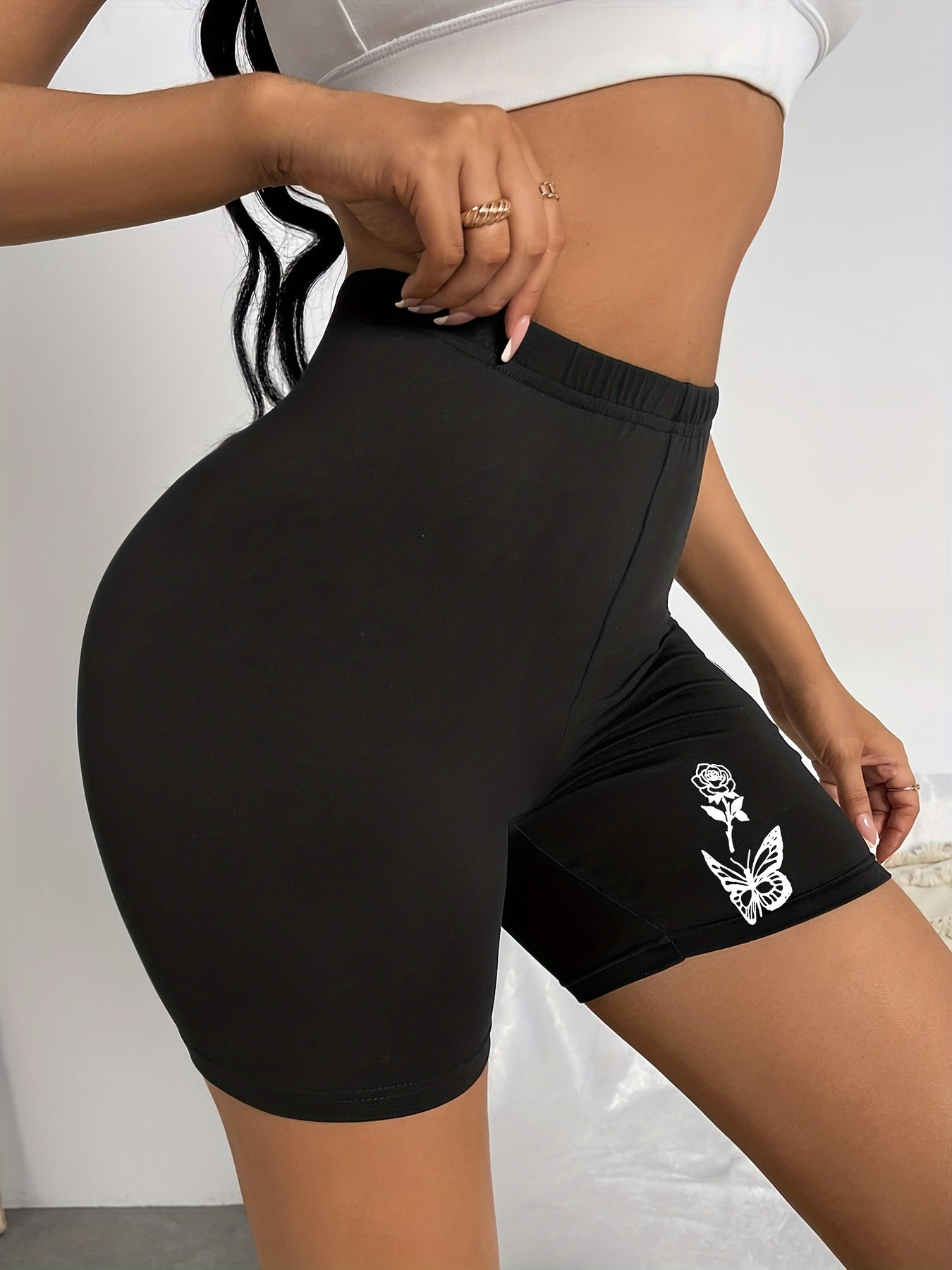 Butterfly & Flower Print Casual Workout Slim Shorts