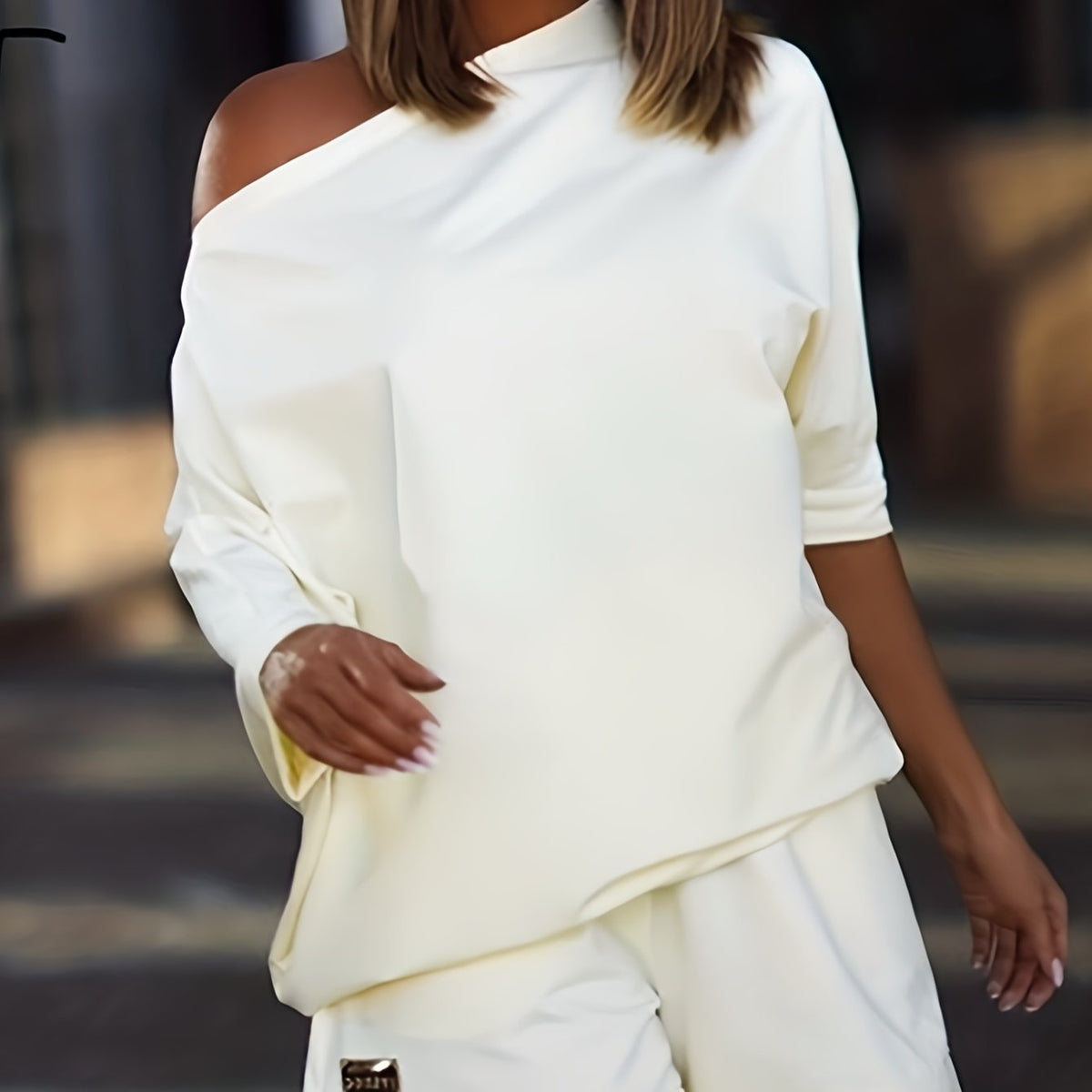 Casual Two Piece Set Slanted Shoulder Short Sleeve Tops & Wide Leg Shorts