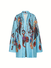 Boho Feather Print Plus Size Cardigan