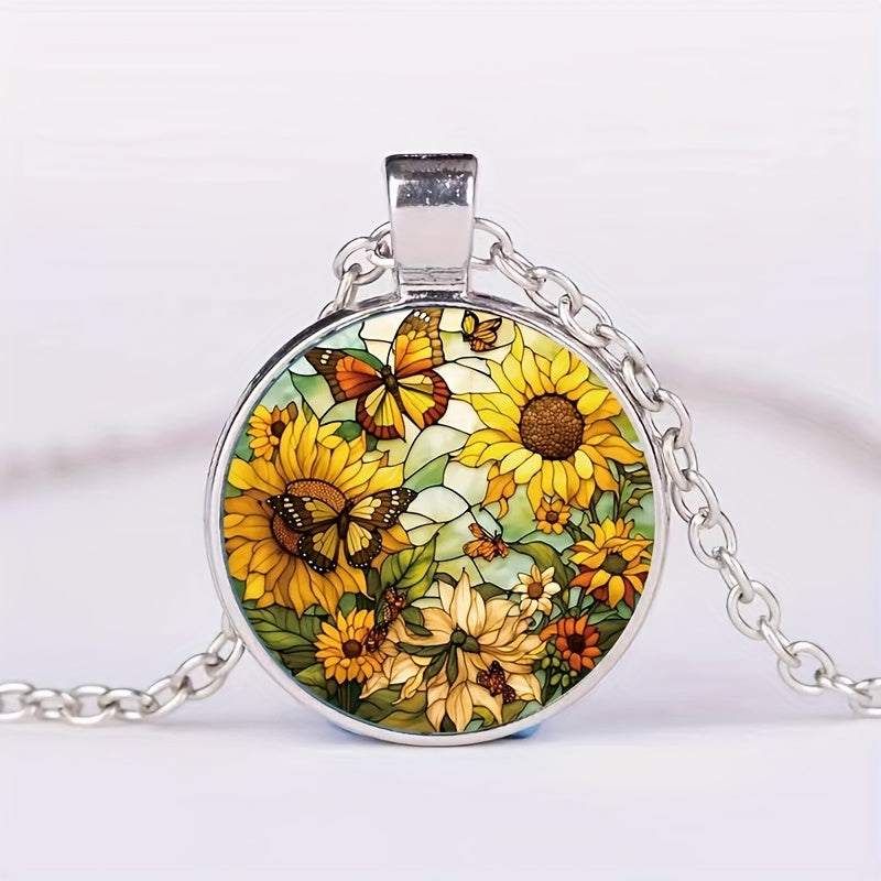 Round Butterfly Sunflower Crystal Pendant Necklace for Men and Women