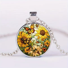Round Butterfly Sunflower Crystal Pendant Necklace for Men and Women