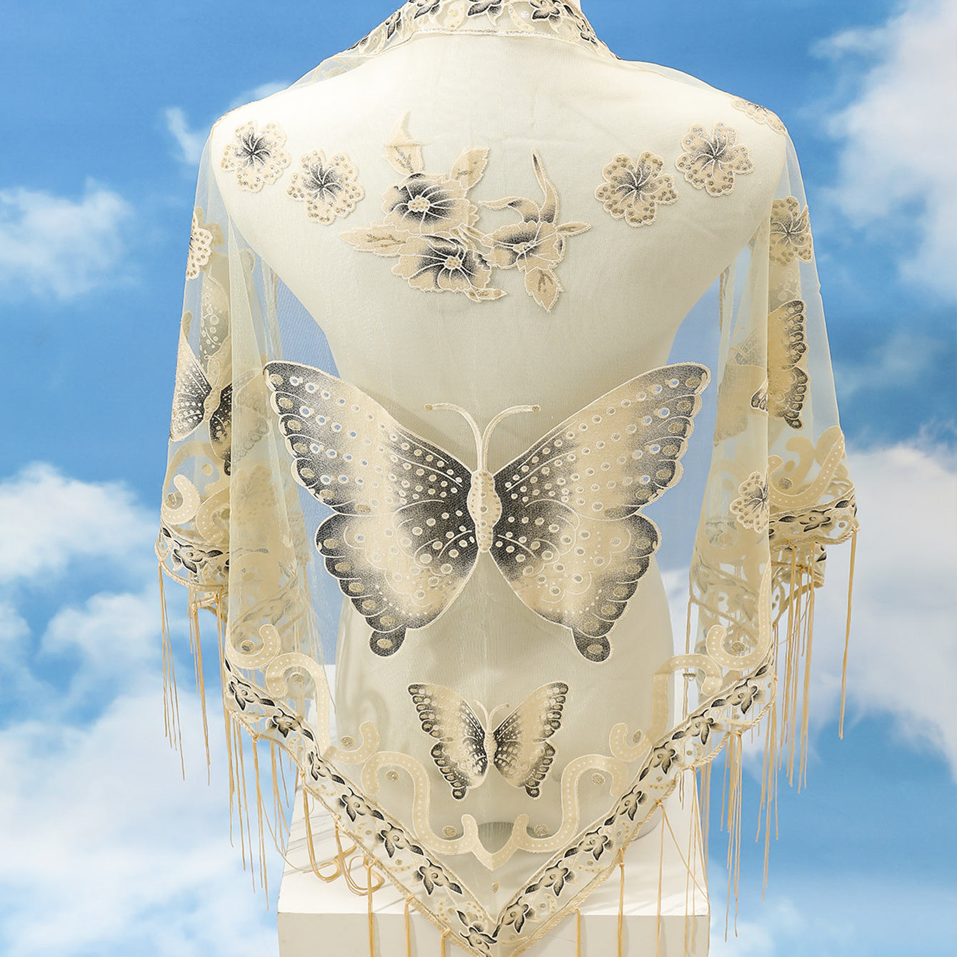 Triangle Scarf Butterfly Flower Embroidery Lace Tassel Shawl
