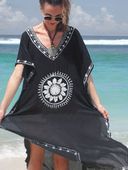Boho Kaftan Dress Plus Size Floral Embroidered Batwing Sleeve V Neck