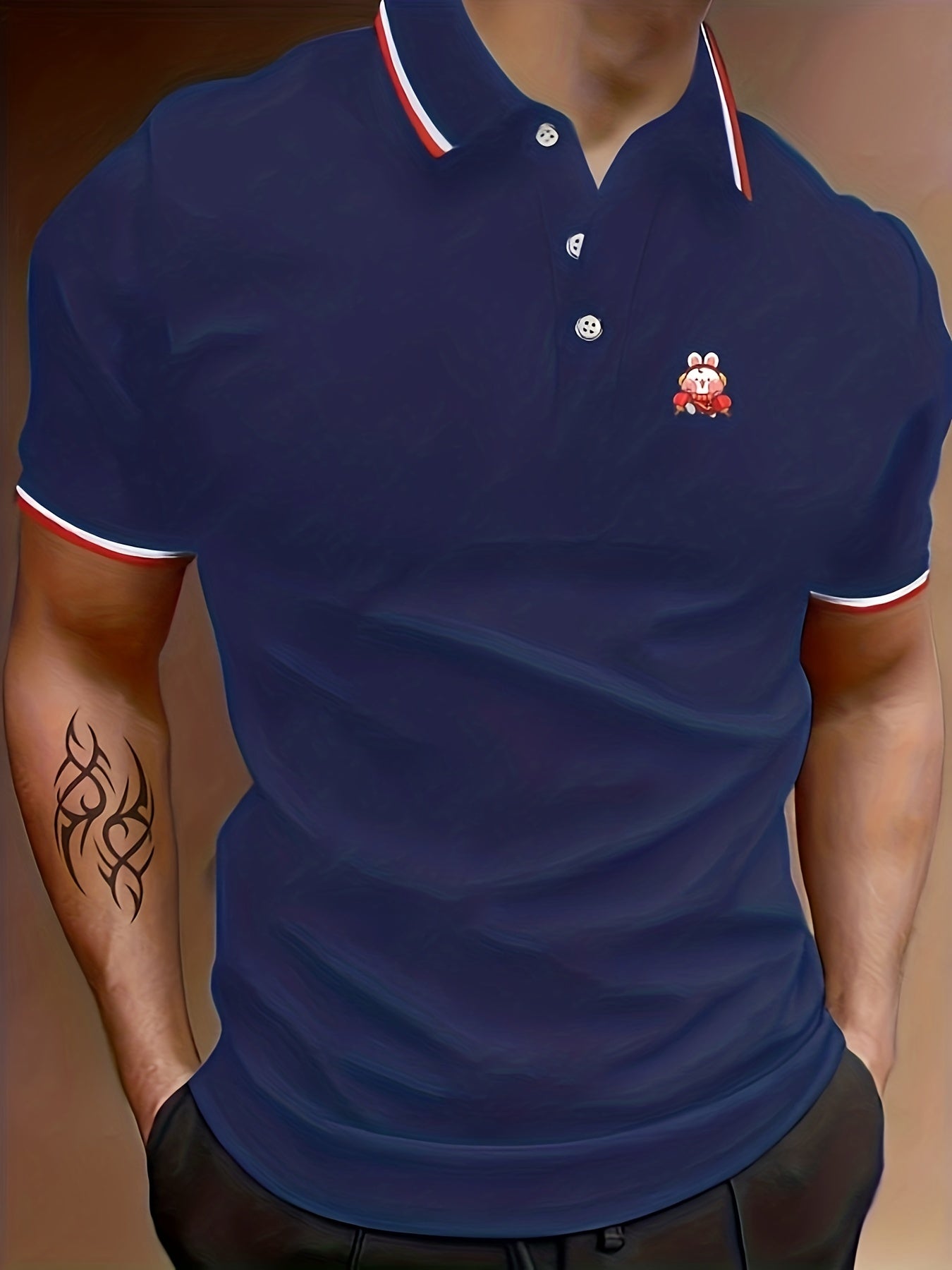 Men's Rabbit Graphic Polo Shirt Breathable Lapel Button Up Short Sleeve Shirt