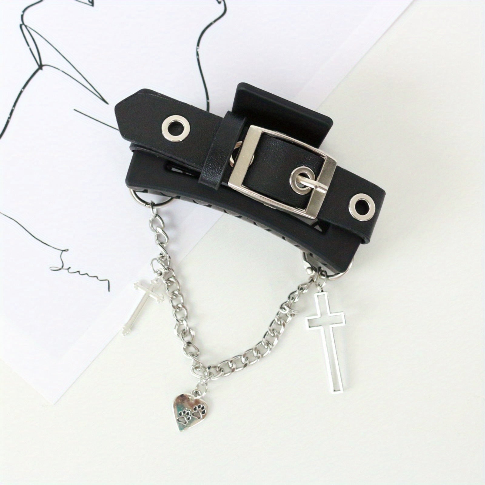Gothic PU Leather Cross Chain Hair Claw Clip Y2K Punk Hair Accessory
