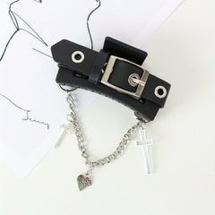 Gothic PU Leather Cross Chain Hair Claw Clip Y2K Punk Hair Accessory