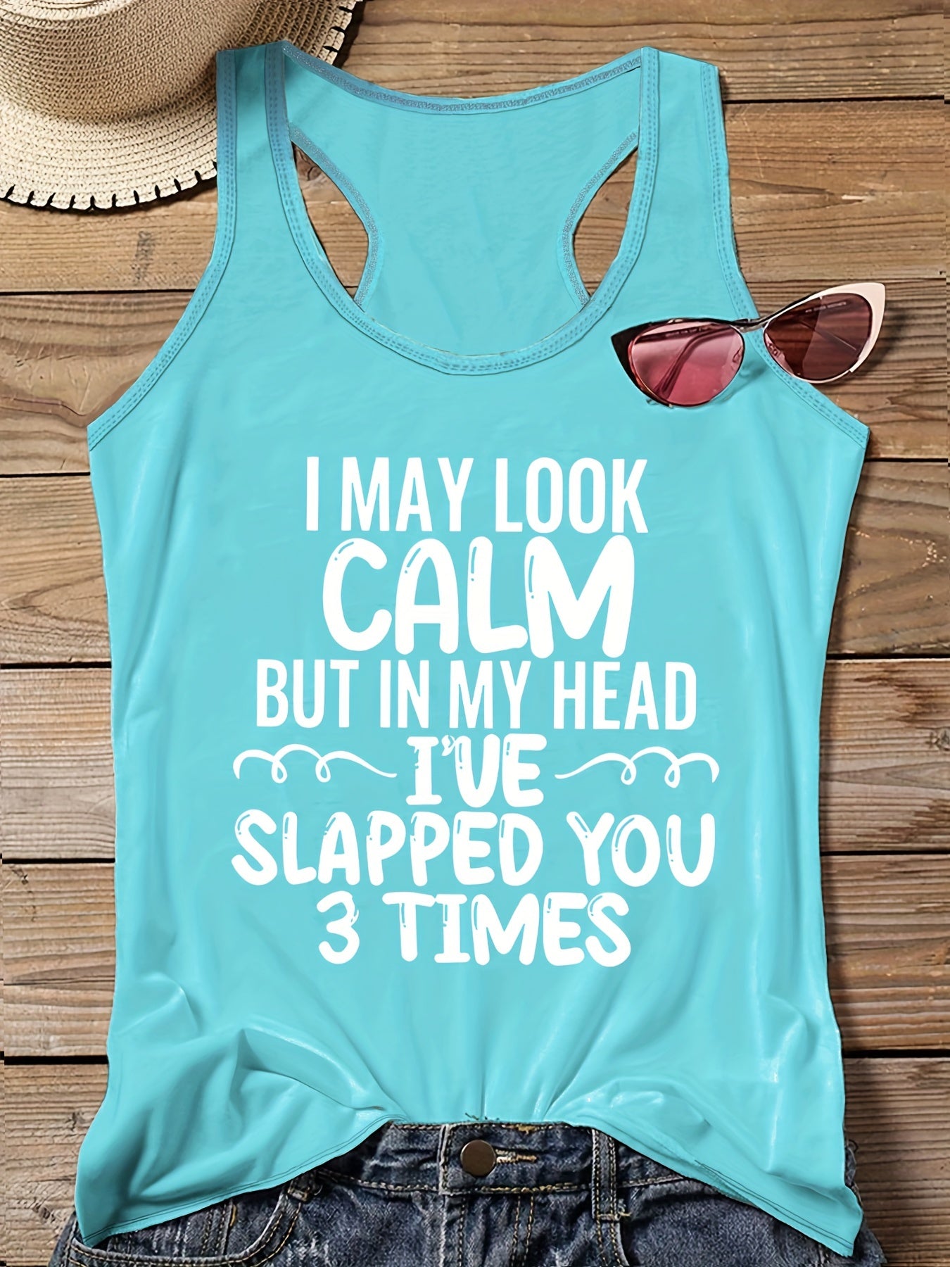  Casual Tank Top Women's Plus Slogan Print Round Neck Vest Top