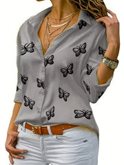  Butterfly Print Button Up Long Sleeve Blouse