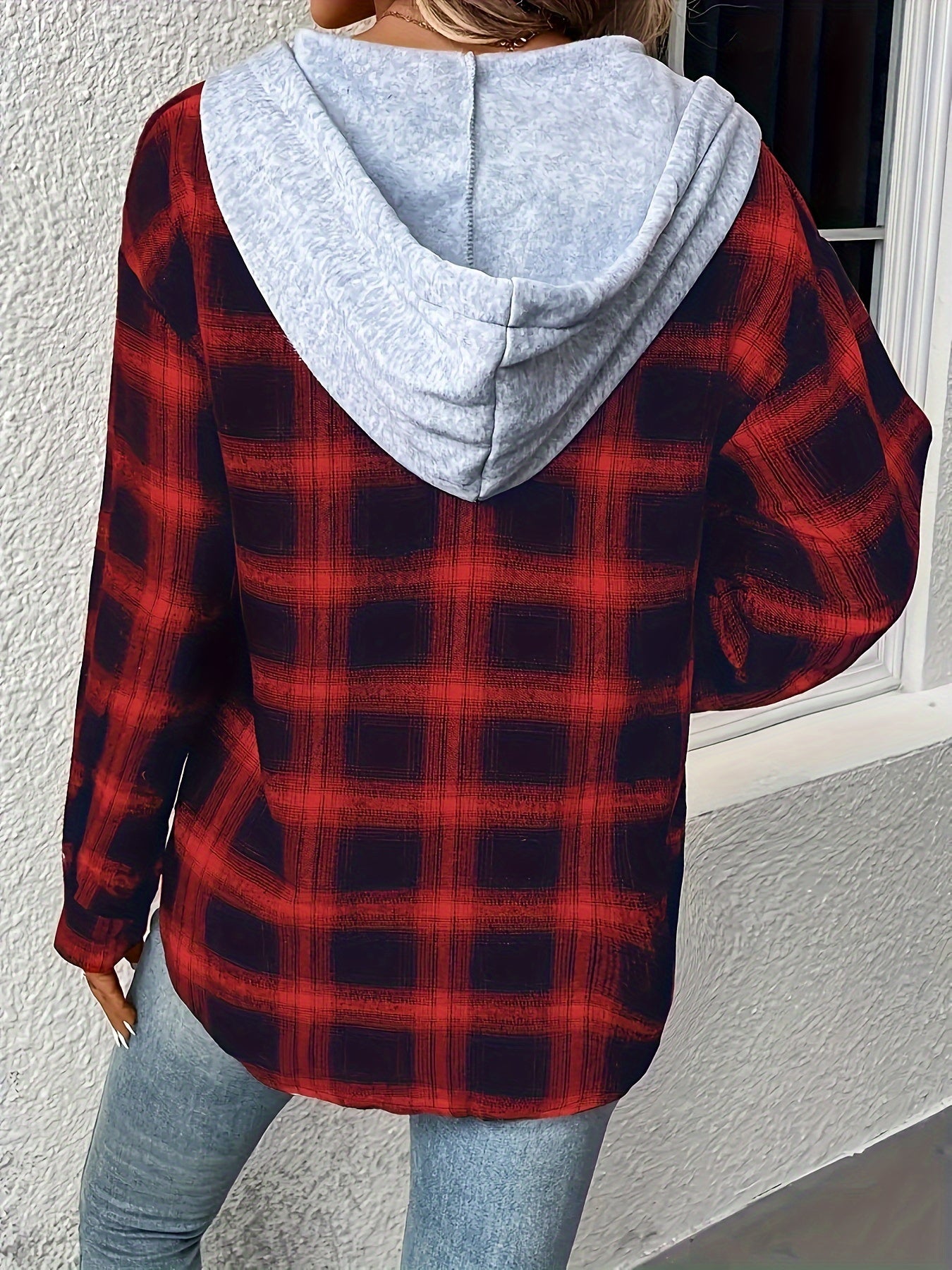  Colorblock Plaid Print Button Up Hooded Shacket
