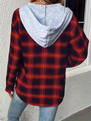  Colorblock Plaid Print Button Up Hooded Shacket