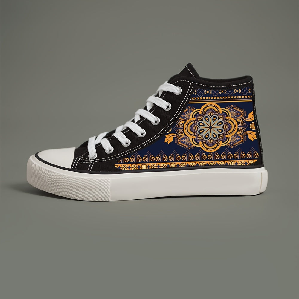 Ethnic Print High Top Canvas Sneakers, Non Slip Chunky Shoes