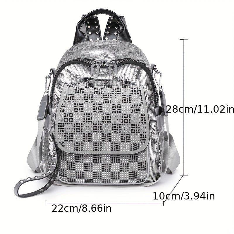 Sequins Backpack Purses Checkered Rhinestone Daypack Glitter Shoulder Bag