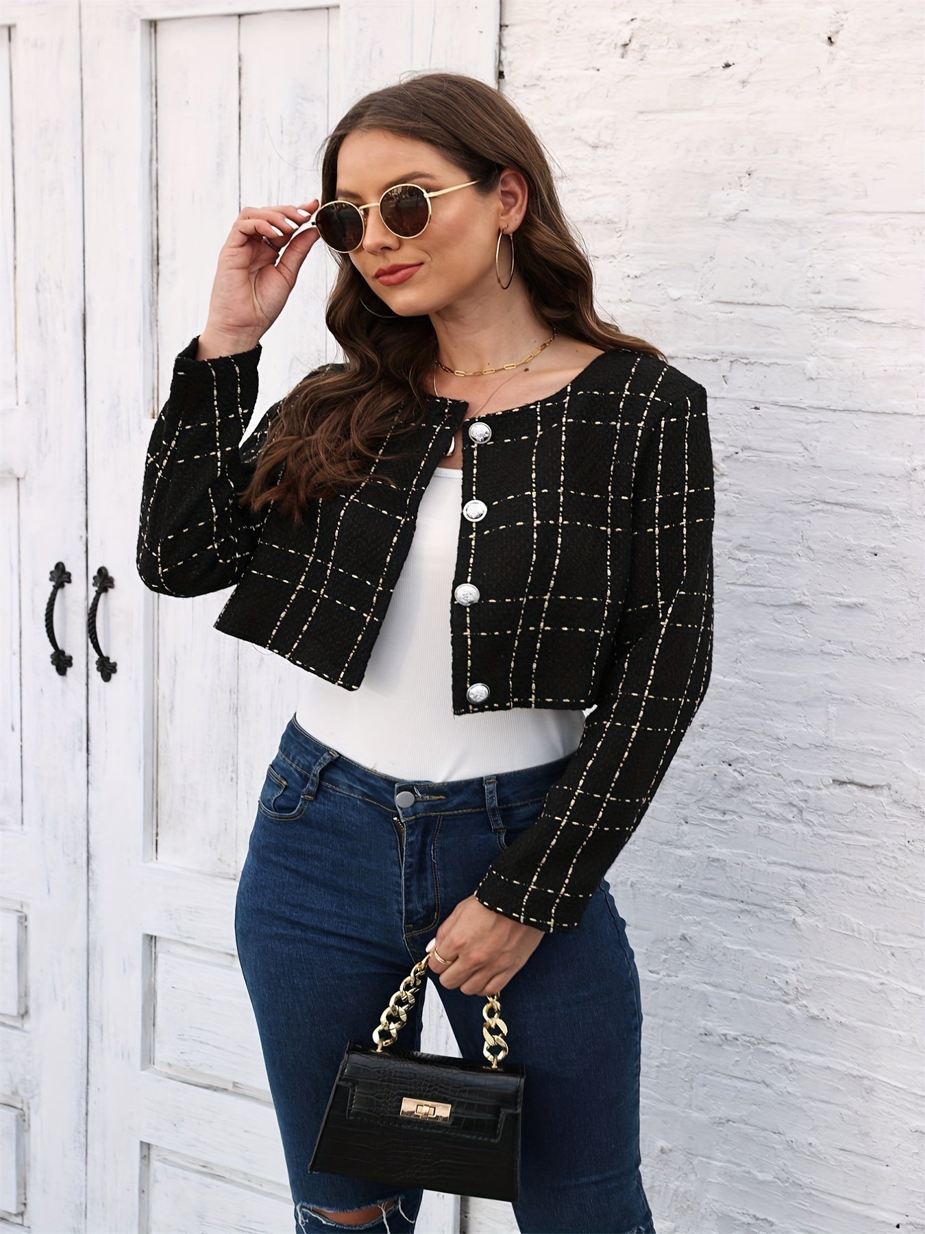 Plaid Print Button Front Jacket for Women