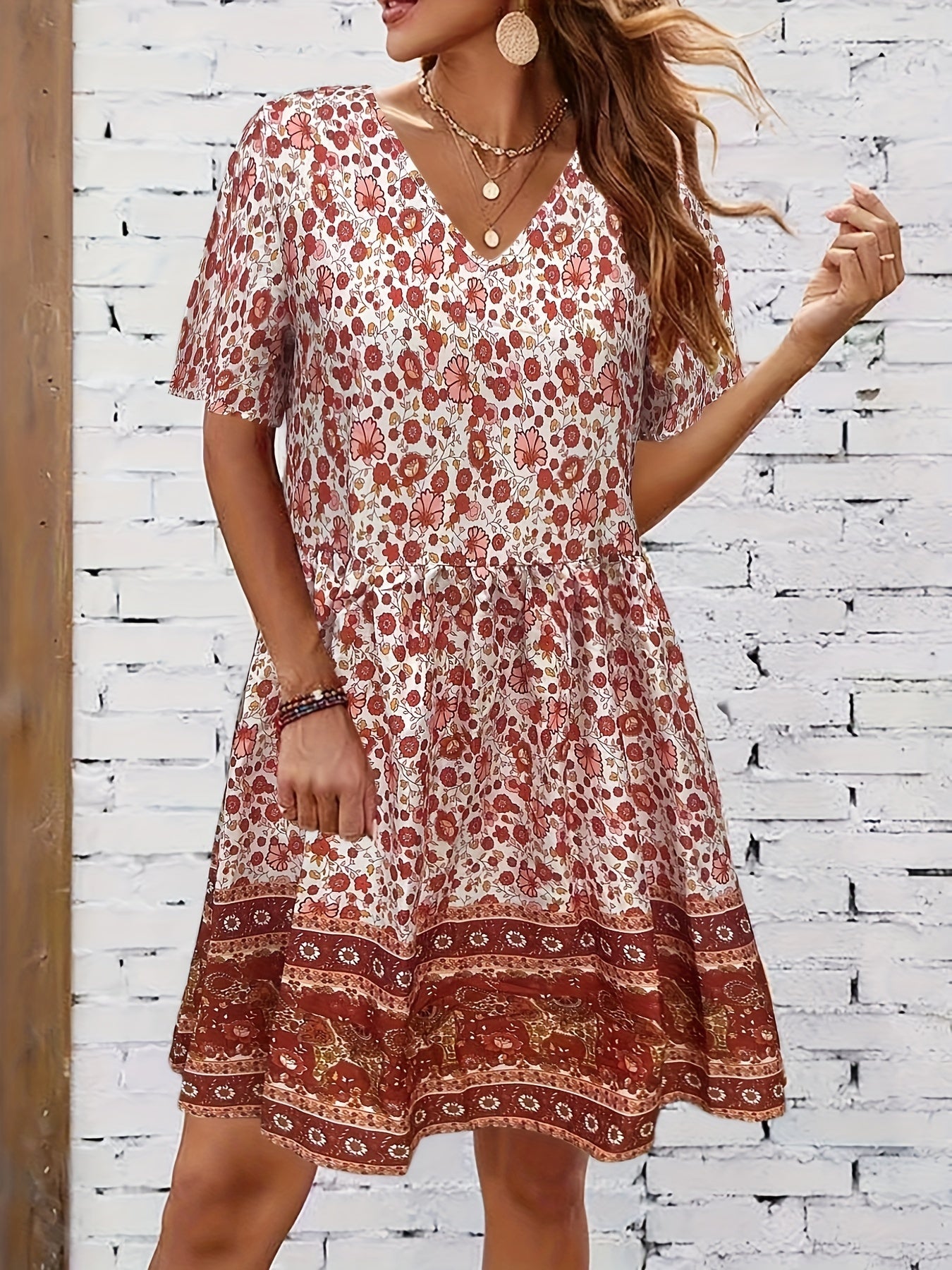 Women's Plus Floral Print Short Sleeve V Neck Summer Dress
