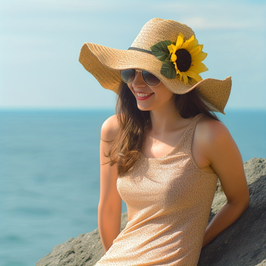 Foldable Sunflower Sun Hat Wide Brim Packable UV Protection Floppy Beach Hat