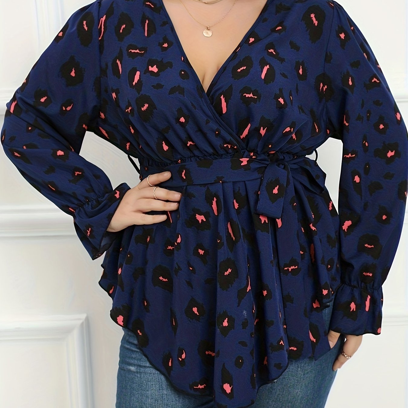  Leopard Print Flounce Sleeve V Neck Peplum Top