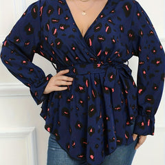  Leopard Print Flounce Sleeve V Neck Peplum Top