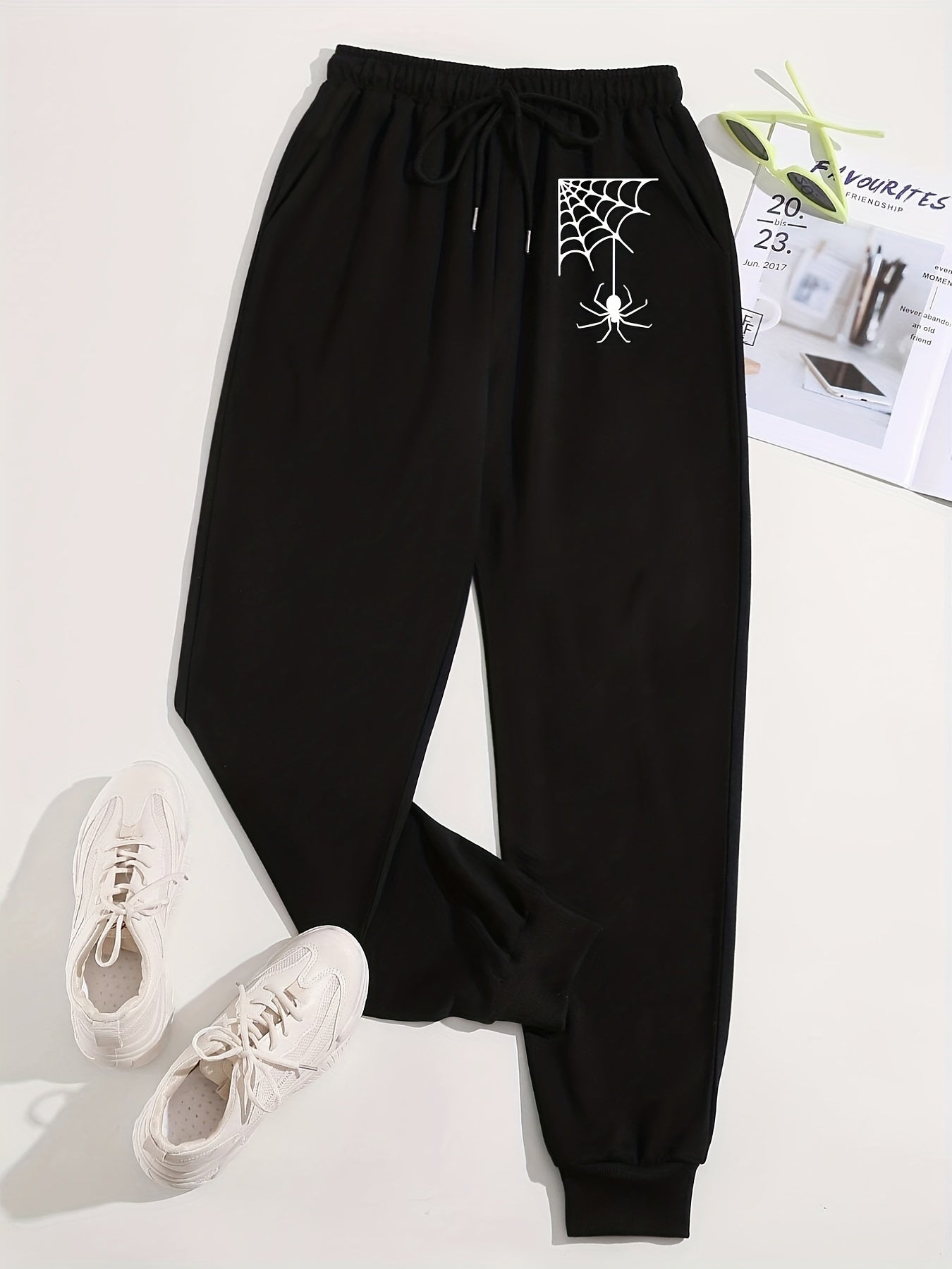  Spider Print Elastic Drawstring Tapered Leg Fitness Pants