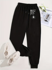  Spider Print Elastic Drawstring Tapered Leg Fitness Pants