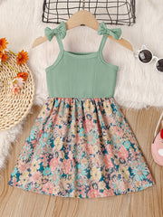 Girl's Butterfly Bow Tie Shoulder Splicing Flower Pattern Suspender Dress