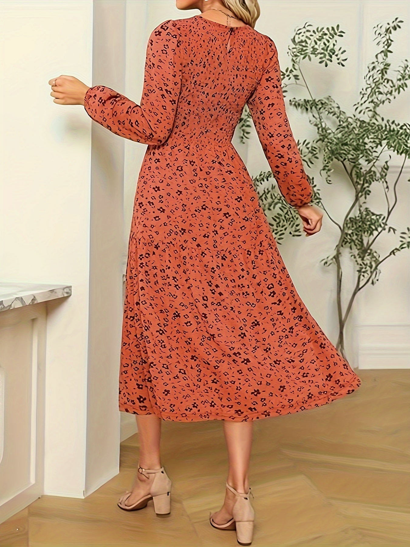  Boho Ditsy Print Long Sleeve Dress