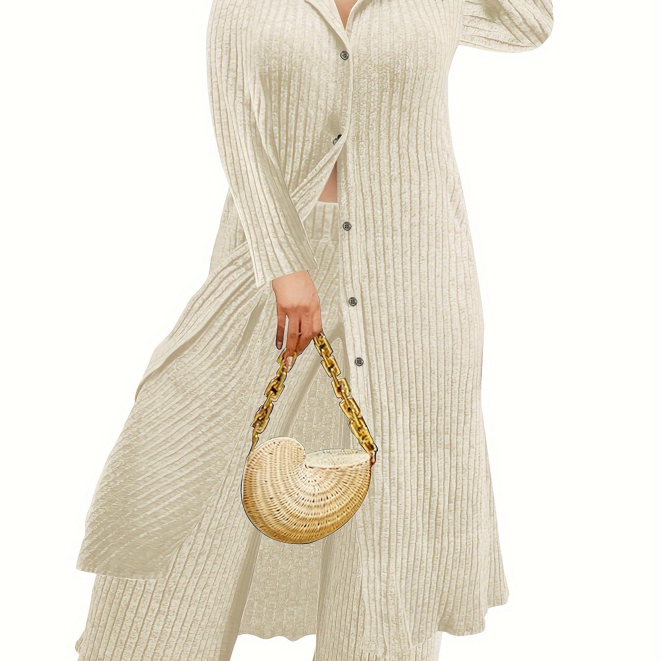  Ribbed Button Up Long Sleeve Polo Neck Blouse & Pants Set