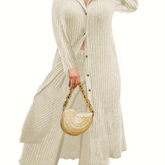 Ribbed Button Up Long Sleeve Polo Neck Blouse & Pants Set