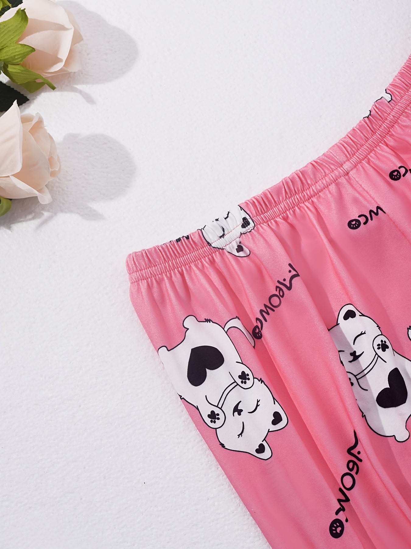 Cat Print Pajama Set Short Sleeve Top & Pants Women's Sleepwear