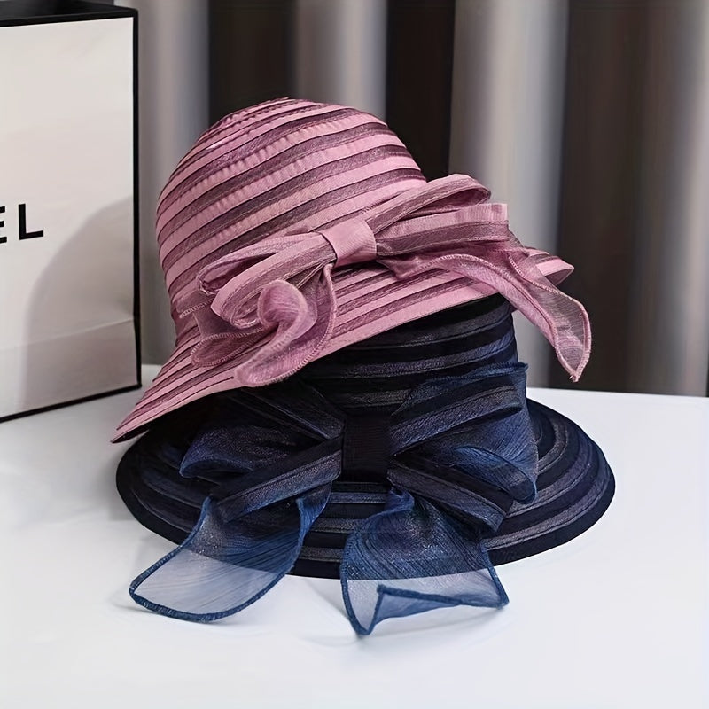 Striped Mesh Breathable Bucket Hats Bowknot Decor Foldable Basin Beach Hat