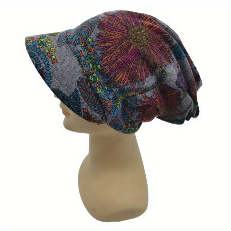 Boho Short Brim Turban Cap Vintage Printed Women Head Wrap Elastic Bandana