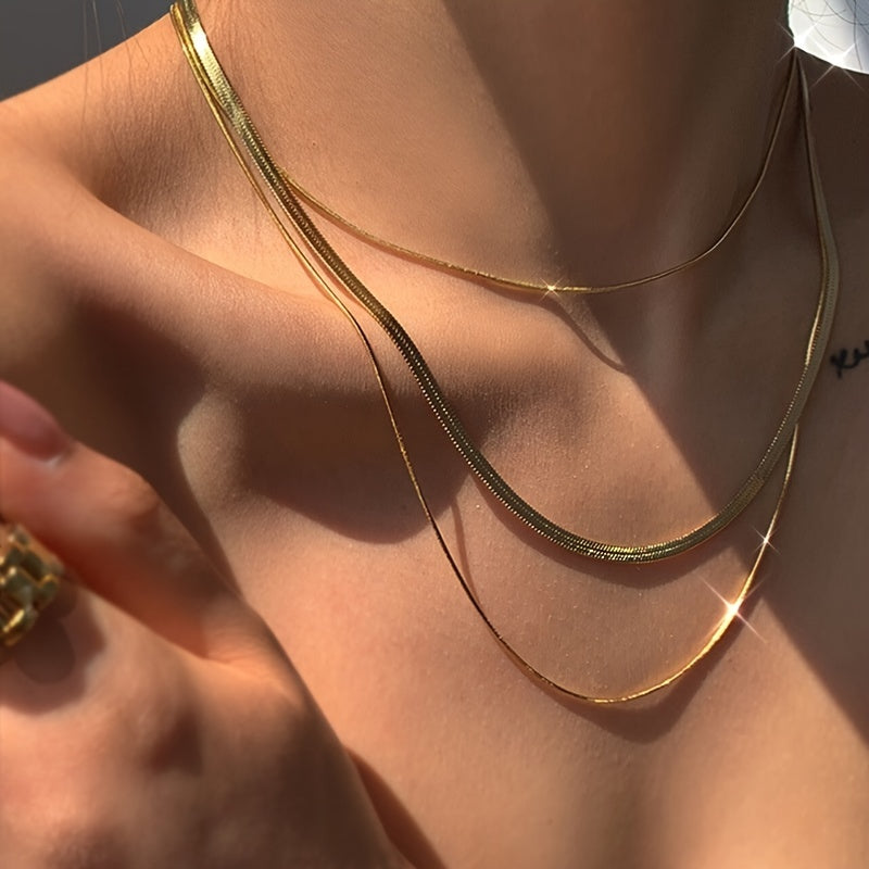 Golden 3-Layer Flat Snake Chain Necklace