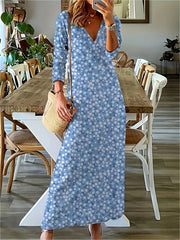  Ditsy Floral Print Long Sleeve V Neck Maxi Dress