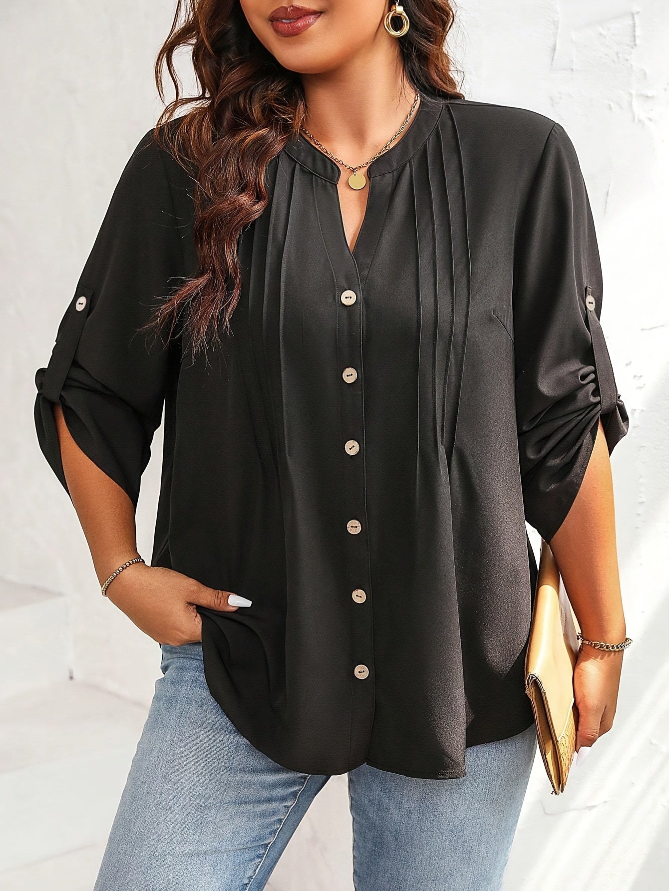  Solid Button Up Roll Up Sleeve Tunic Blouse