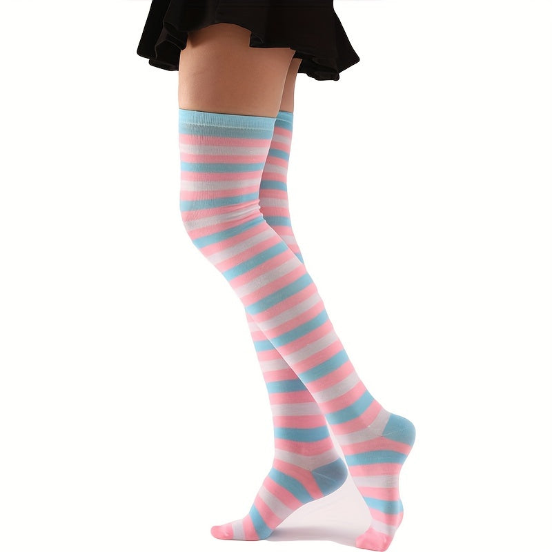 4 Pairs Striped Thigh High Socks Colorblock Over The Knee Socks