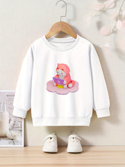 Cartoon Cat Print Girls Pullover Sweatshirt Long Sleeve Crew Neck Tops