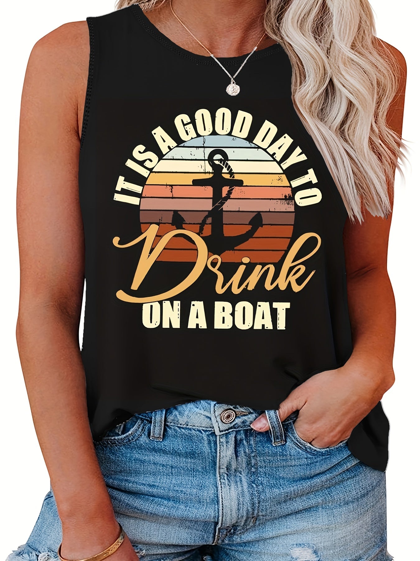  Anchor & Letter Print Tank Top