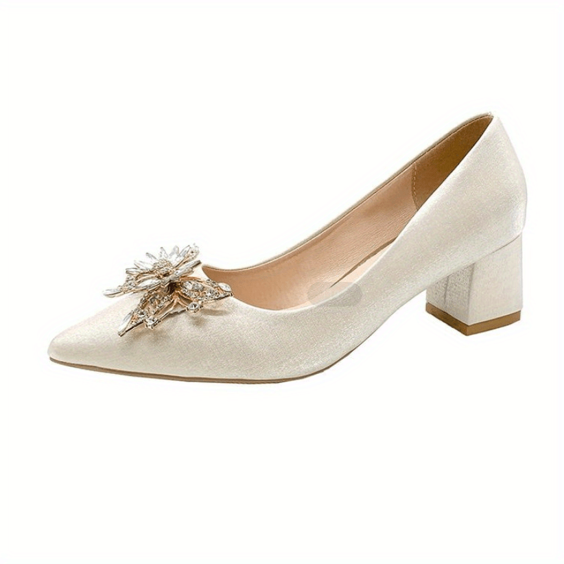 Chunky Heeled Pumps Butterfly Rhinestone Pointed Toe High Heels