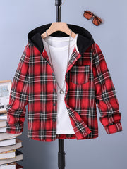 Boys Plaid Hooded Shirts Long Sleeve Button Hoodie Tops Spring Fall Outwear