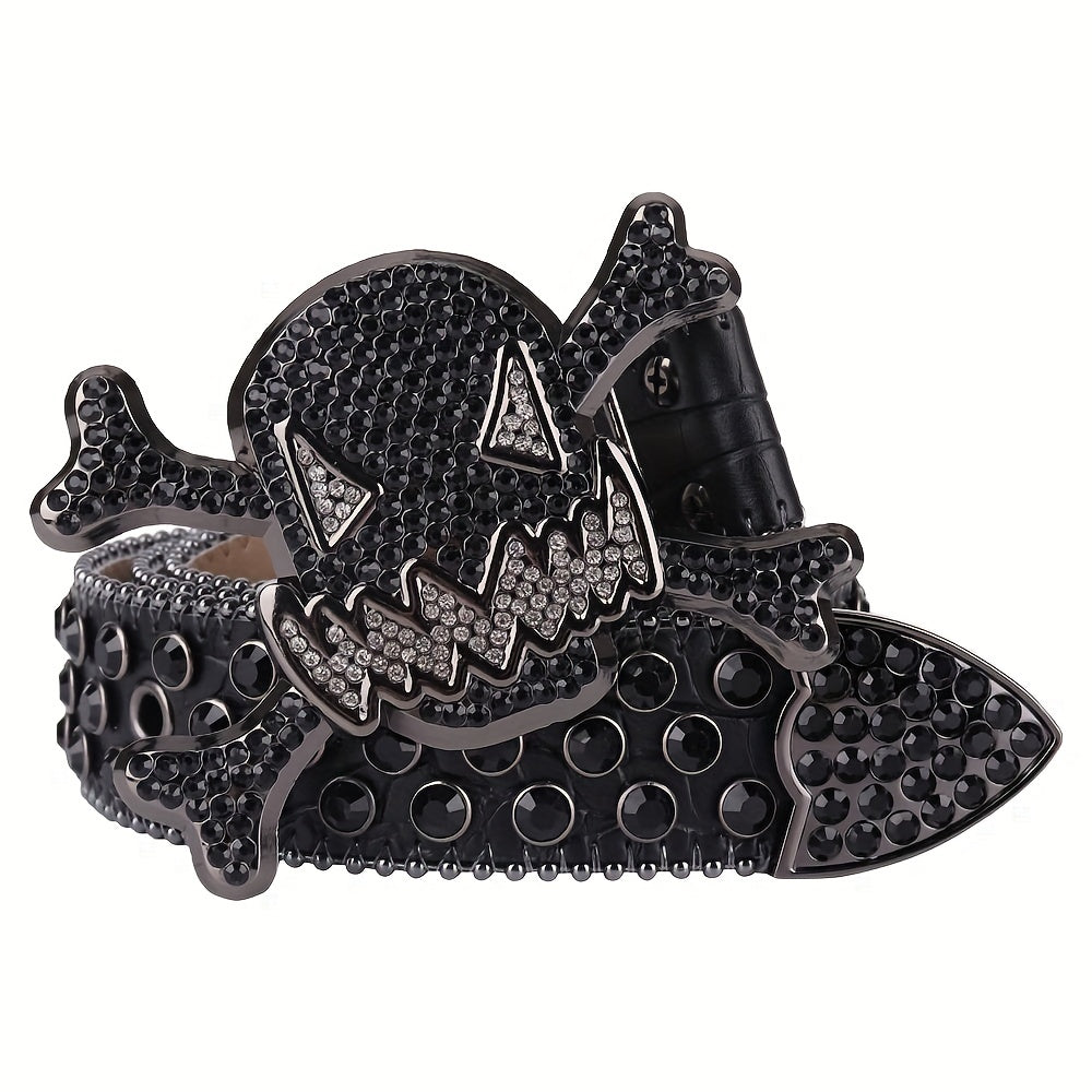 Big Rhinestone Skull Buckle Belt Punk Stone Crystal Studded Waist Strap For Men
