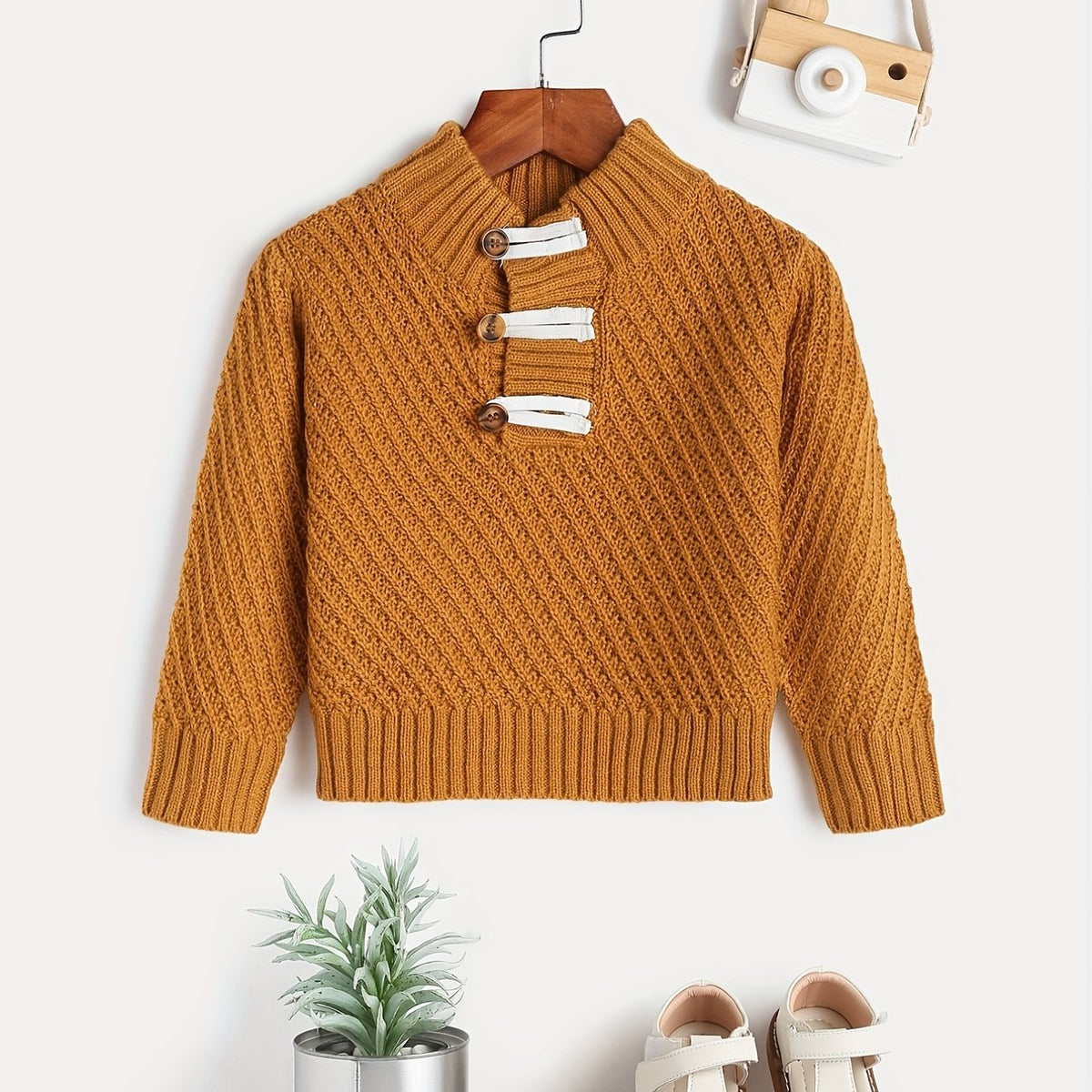 Baby's Button V neck Knitted Pullover Top Child's Casual Sweater