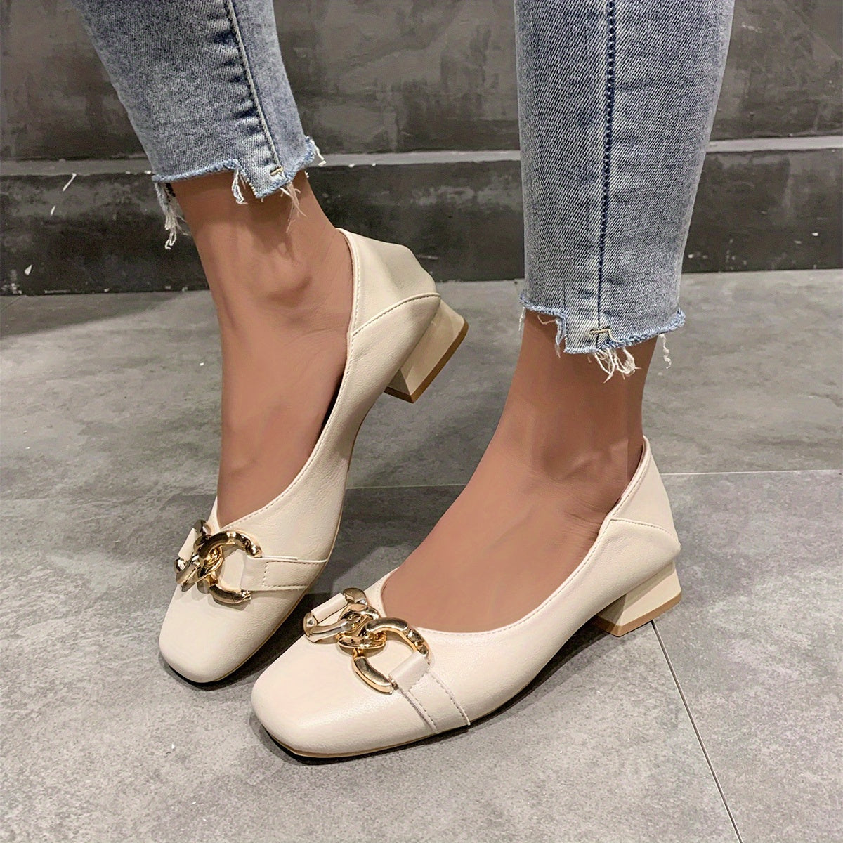 Low Heel Square Toe Buckle Flat Shoes for Work