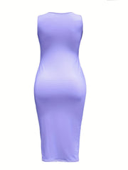  Casual Tank Dress Women's Plus Solid Round Neck Midi Bodycon Dress